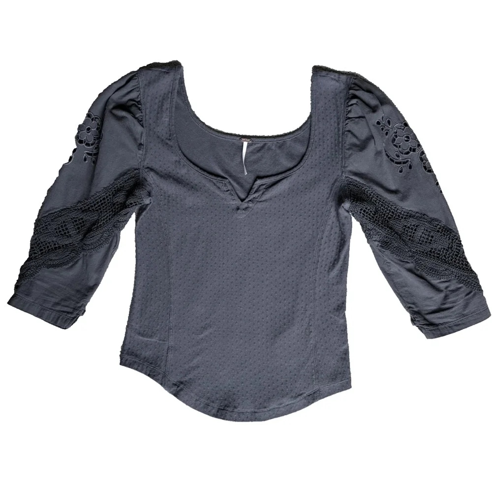 FREE PEOPLE Floral Lace Embroidered Swiss Dot Brunch Date Top Gray Romantic S